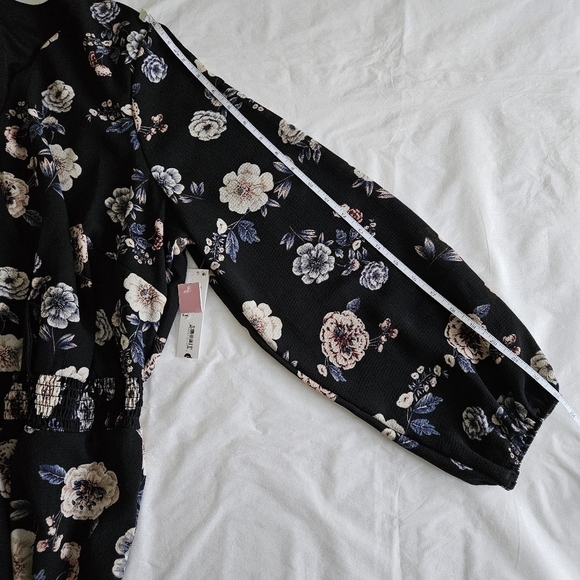 Aqua Curve Dress 2X Floral Smoked Waist LS Midi Ruffle Hem Lined V Neck USA Made - Picture 7 of 16